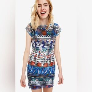 DESIGUAL FIONA DRESS Blue and Orange Patterned Mini Dress Fish Nautical Size M